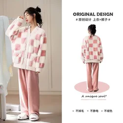 Add Fleece To Thicken Flannel Fallow Sweet Can Worn Outside Two-piece Home Set Pajamas Women Fall Winter Coral Fleece Pajamas