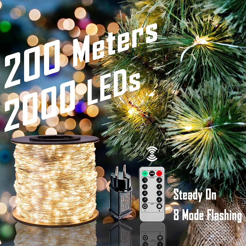 200M Christmas Tree Fairy Lights Outdoor Waterproof Garland String Lamp 8 Modes Remote Holiday Lighting New Year LED Decoration