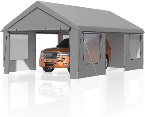 13x20FT Heavy Duty Carport, Portable Garage Shelter with Roll-Up Windows, Removable Sidewalls and Doors, Outdoor