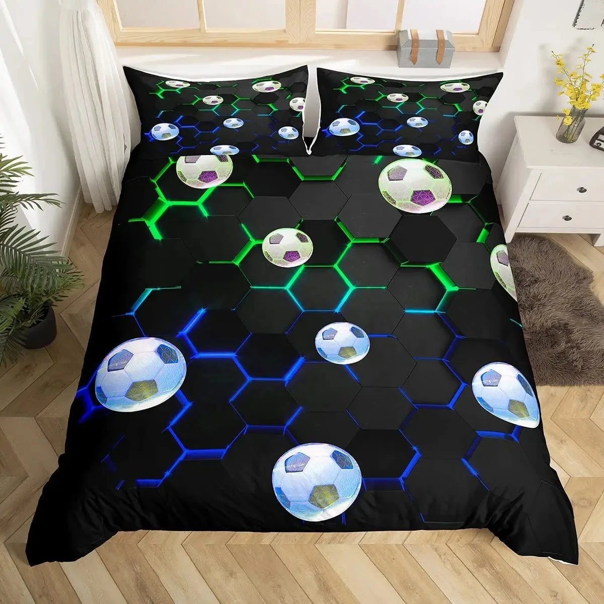 Soccer Ball Pattern Duvet Cover Sport Bedding Set for Girls Boys Sports Theme Games Quilt Cover Football Comforter Cover Queen