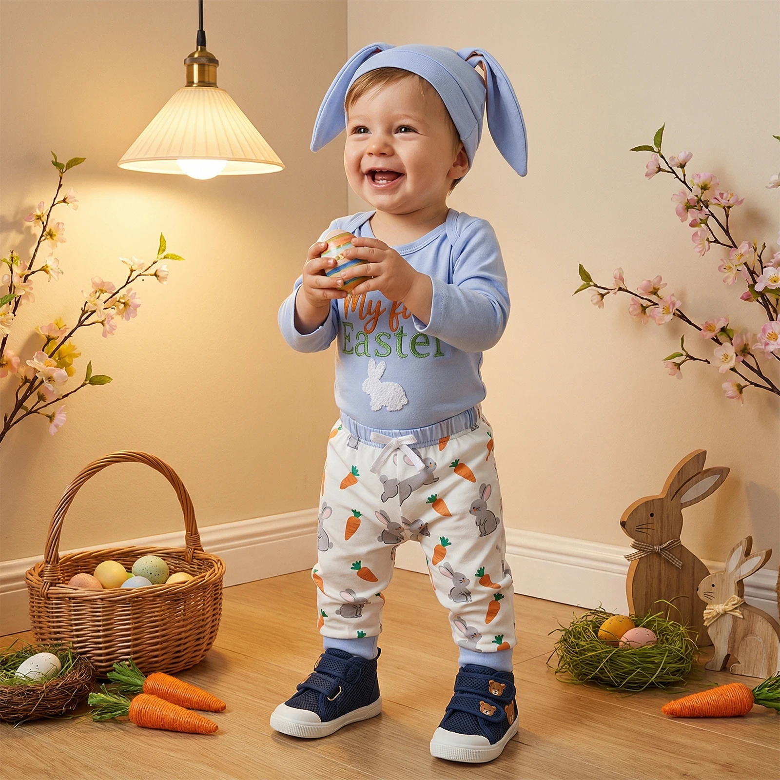 Baby Boys Easter Outfit, Long Sleeve Crew Neck Letters Romper with Bunny Carrot Print Pants and Hat Fall Outfit