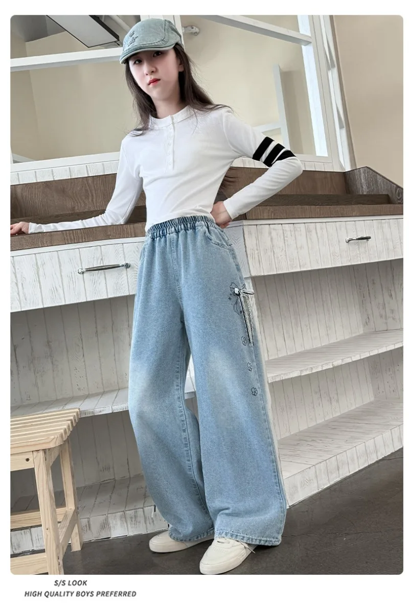 UNITIM Herbst Kinder-Jeans mit Liebes-Stickerei, Gerade Hosen für Junge Mädchen, Lose Elastische Taille, Denim-Hosen für Junge Teenager-Mädchen – Detail 20