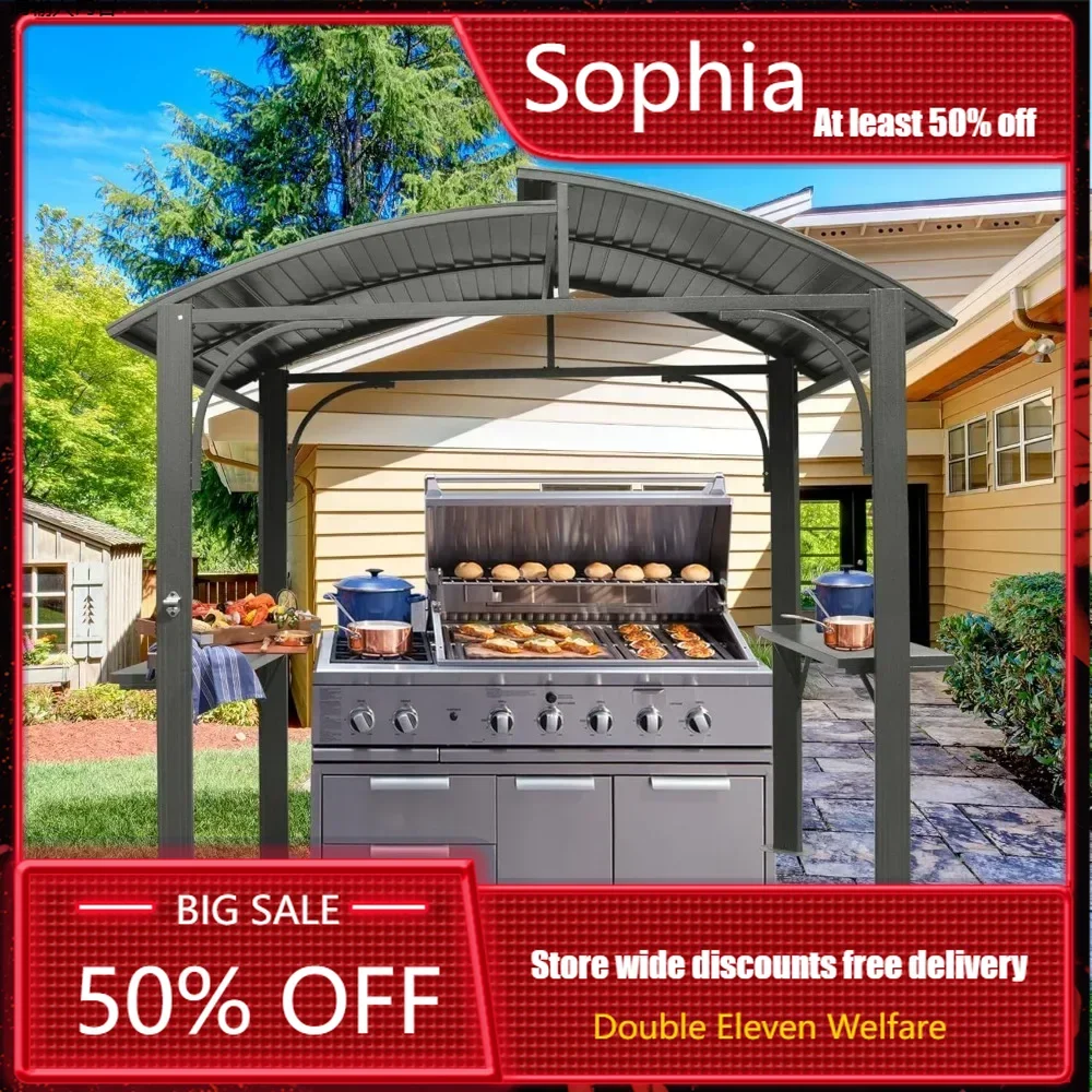 Hard Top Barbecue Pavilion 8x5FT, Outdoor Barbecue Pergola with Double-layer Galvanized Steel Roof and 2 Side Frames