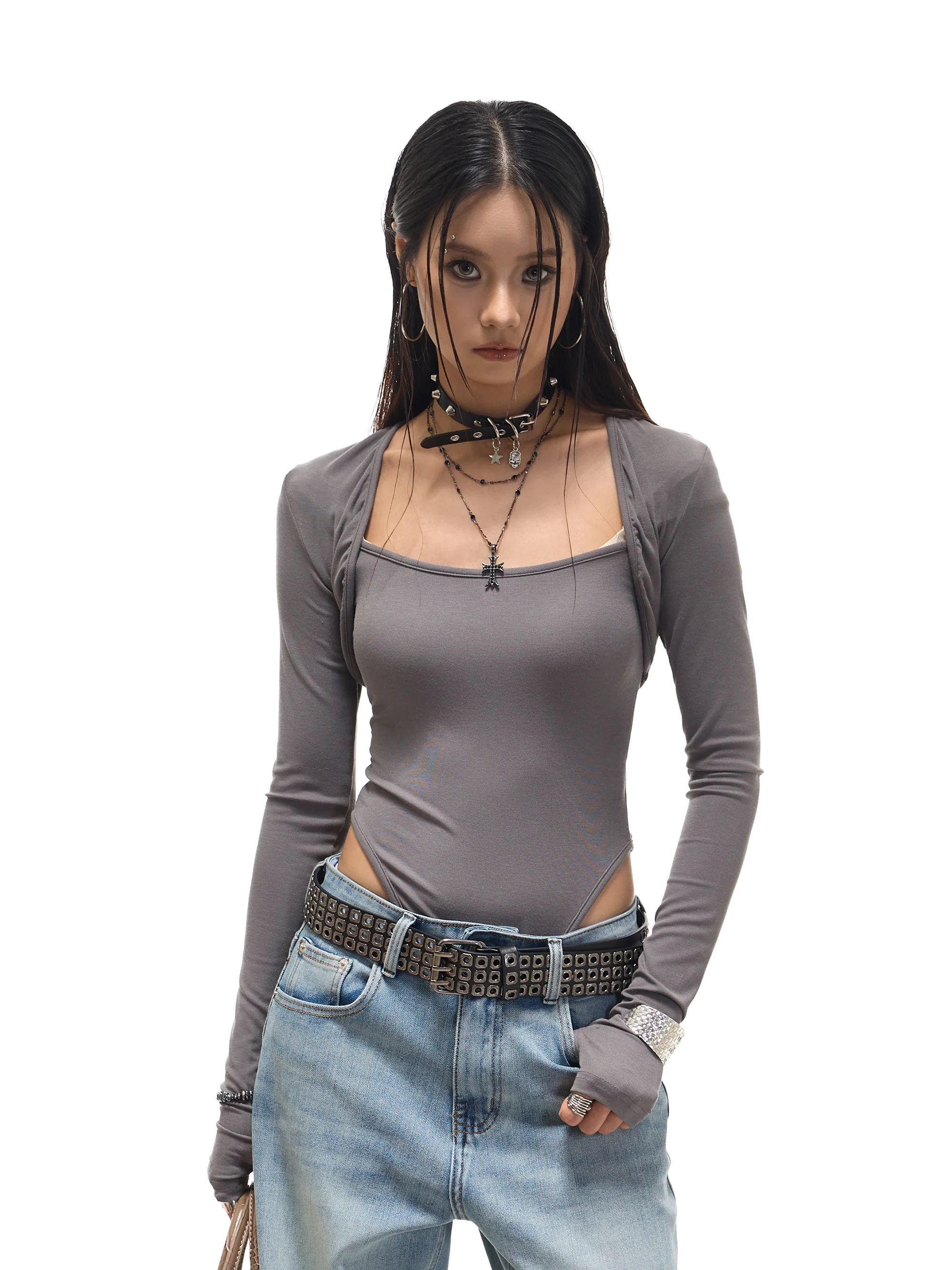 

PRMR Винтажный легкий съемный костюм-двойка для женщин: американский стиль, утягивающий топ с длинным рукавом и шорты с высокой талией