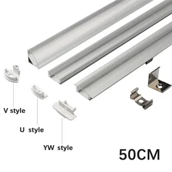 1 zestaw 50cm w kształcie litery U/V/YW listwa LED Light profil aluminiowy przezroczysta osłona kończy się na części taśmy LED światła