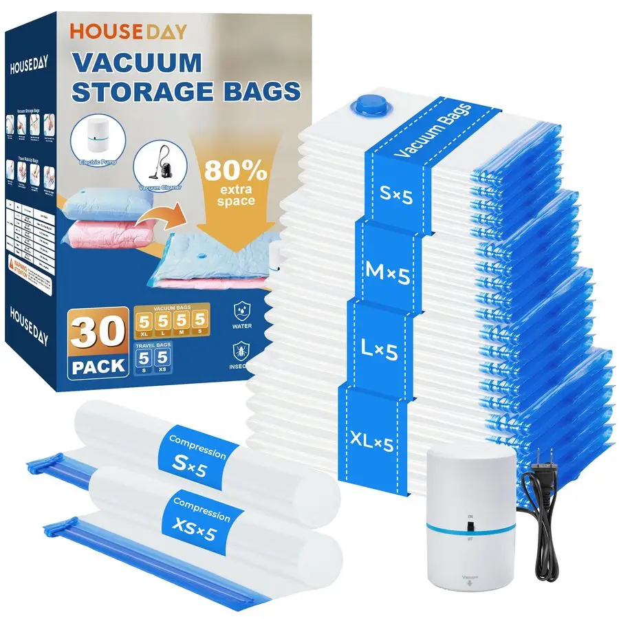 

30 Pack Vacuum Storage Bags with Electric Pump, 4 Sizes 2 RollUp 5 Each, Space Saver Vacuum Seal Bags for Clothing, Bedding, Pi