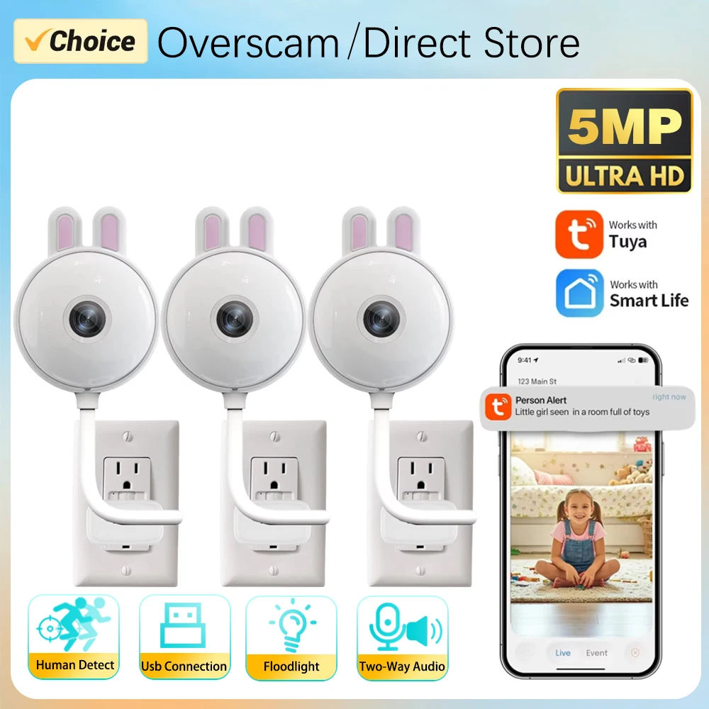 

Мини-камера 5 МП Tuya WiFi с прожектором, USB, для умного дома, видеоняня, CCTV, цветное ночное видение, камера видеонаблюдения, Smart Life