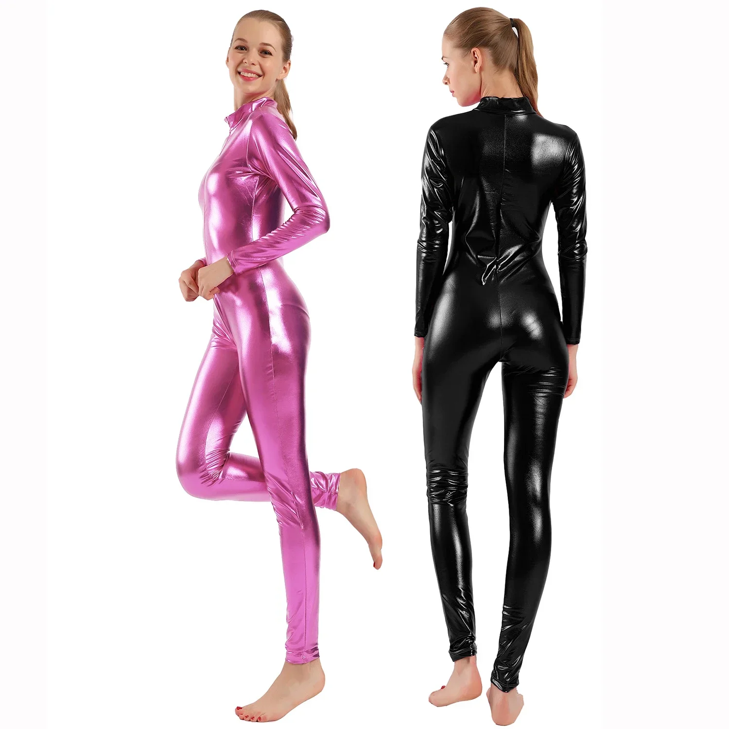 AOYLISEY Women Shiny Metallic Catsuits Unitard Long Sleeve Mock Neck Ballet Jumpsuits for Hollween  Men Cosplay Zentai Costumes