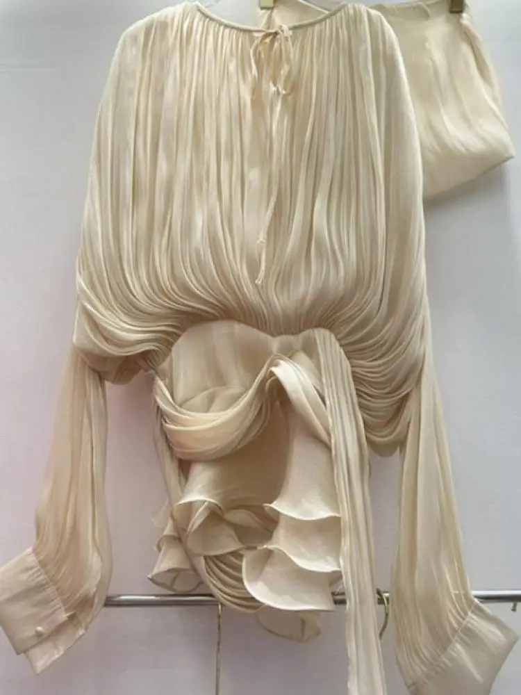 

Весенне-осенний новый повседневный комплект из двух предметов, женский однотонный тонкий плиссированный мини-платье с длинными рукавами и рюшами, модный шик