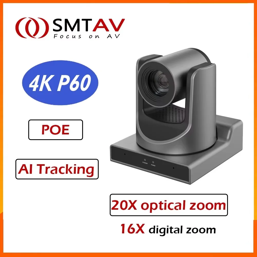 SMTAV 4K PTZ Conference Camera 20X Optical Zoom, AI Auto Tracking, NDI 3G-SDI HDMI USB LAN POE, 4K60fps UHD Live Streaming