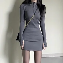 2023 New Spring and Autumn Fashion Design Feel Sweet and Spicy Irregular Zipper Collar Slim Fit Solid Color Women's A-line Dress