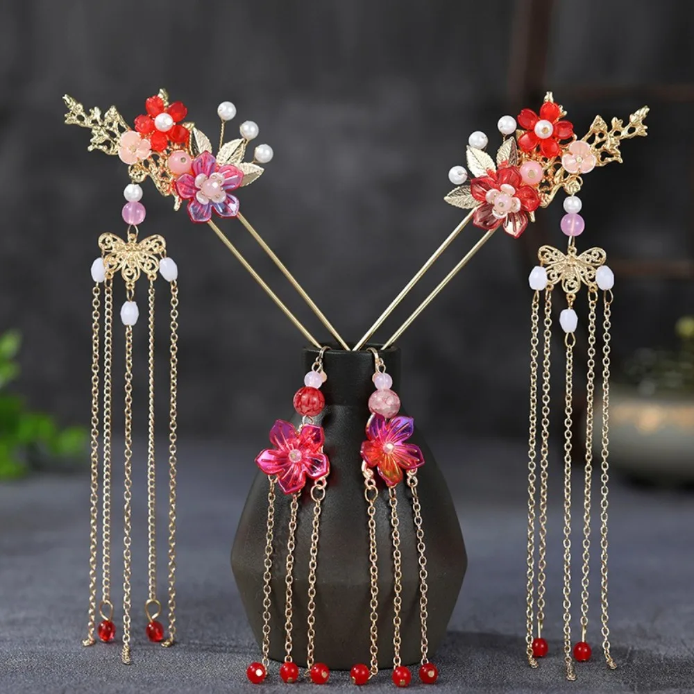 Vintage Flower Bridal Headwear Tassel Alloy Wedding Hair Sticks Dangling Ornament Plastic Earrings Hairpin Set Hanfu