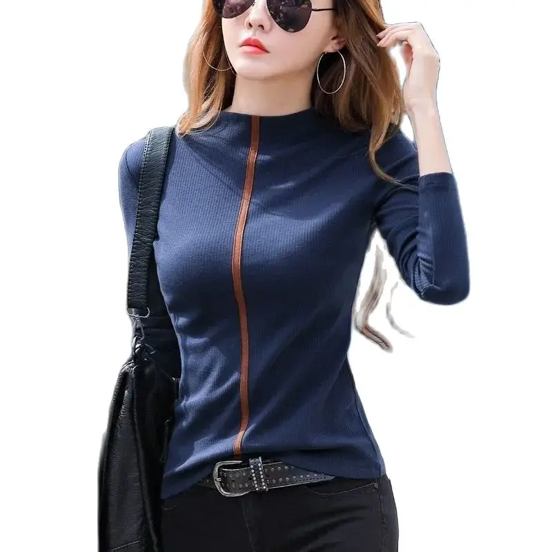 Pure Cotton Half Turtleneck Bottoming Shirt Womens Long-sleeved Autumn And Winter T-shirt Top  New Western Style Mid-neck T-shir