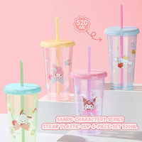 Sanrio Collection 520Ml Plastic Tumbler 4-Piece Set with Leakproof Lids Colorful Straws Bpa Free Reusable Cups for Kids Adults