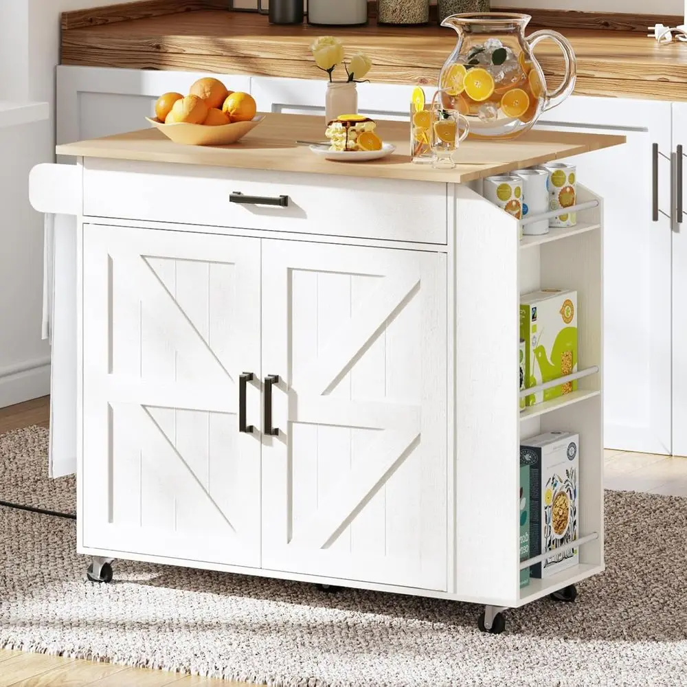 

White and Natural Kitchen Island with Drop Leaf Countertop, Power Outlet, and Rolling Cart with Spice Rack