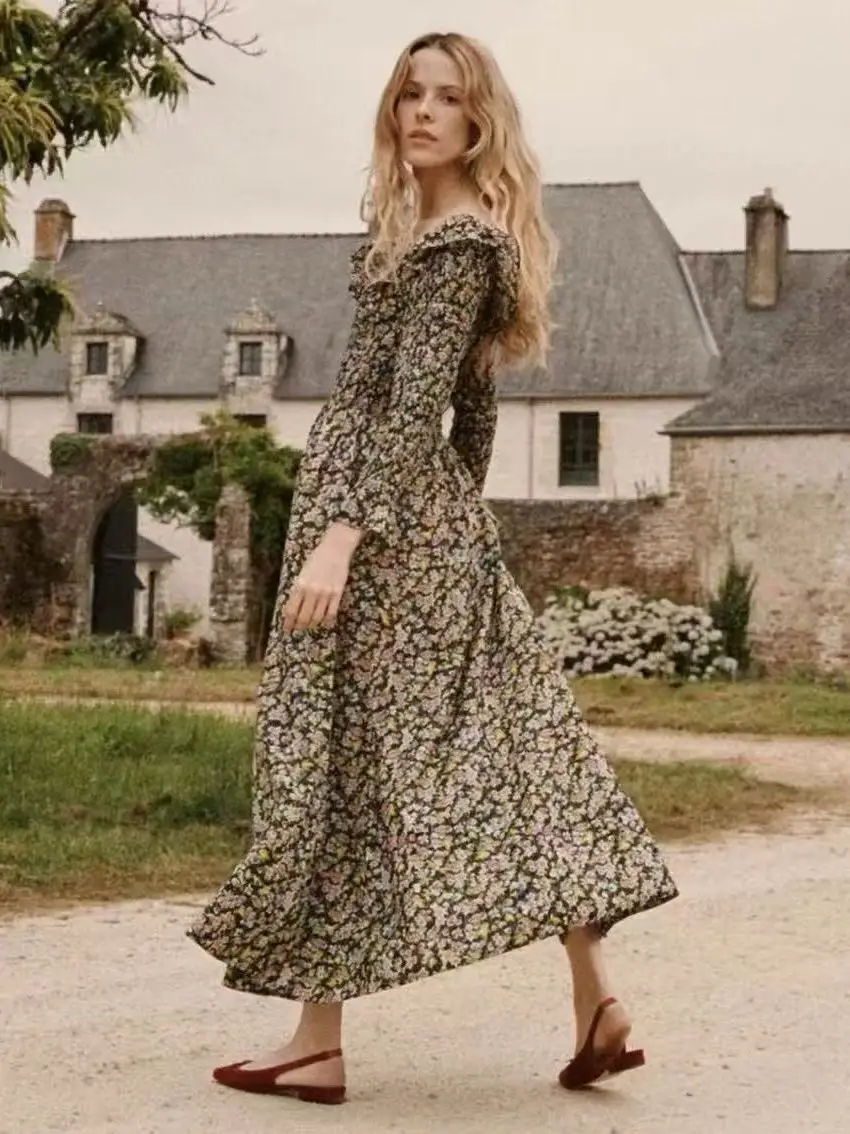 Rustic Style Long Sleeve Cotton Dress with Lace Hemline And Waist Cinching Floral Print Maxi Dress for Women Summer 2026