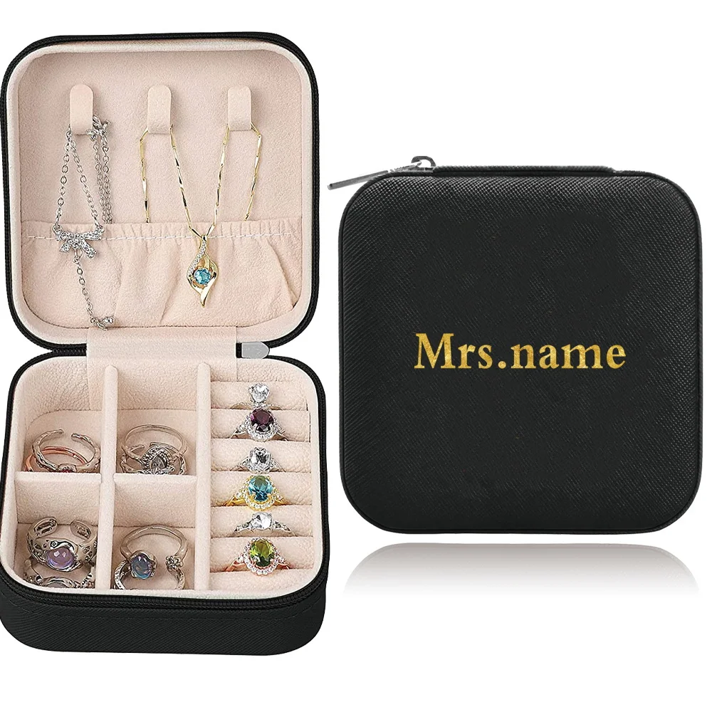 Customized Name Leather Black Jewelry Box Large Capacity Necklace Earring Box Travel Storage Jewelry Box Fashion Pattern