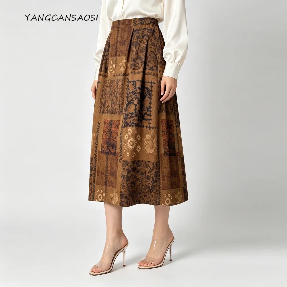 2026 Women's Fashion Summer New 95% Natural Mulberry Silk Elastic Satin Classical Printed Elastic Waist Pocket Design Skirt