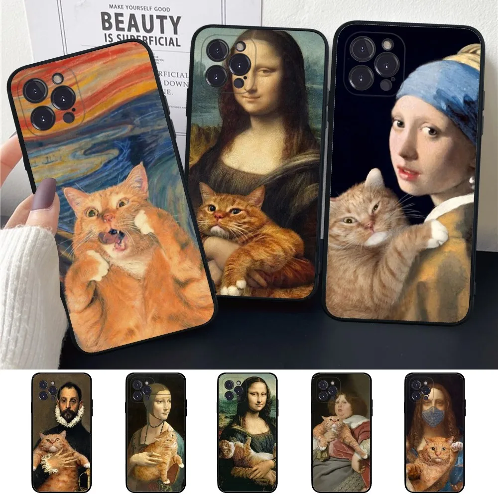 Van Gogh Mona Lisa Fun Cat Art Phone Case Silicone Soft for iphone 15 14 13 12 11 Pro Mini XS MAX 8 7 6 Plus X XS XR Cover