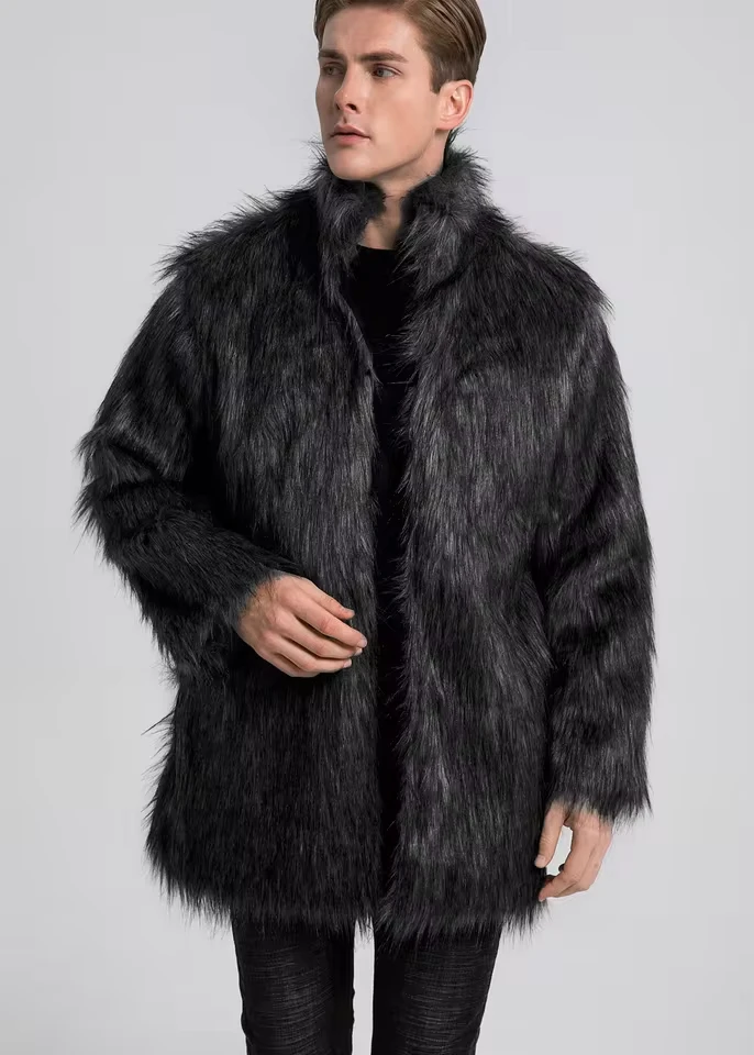 

European American New Fashion Men's Stand Collar Long Sleeve Solid Color Casual Trendy Simple Basic Faux Fur Coats Male Clpthes