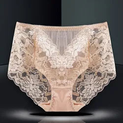 Lace See Through Floral Embroidery Underwear for Women Sexy Mid High Waisted Breathable Panties Seamless Solid Lingeries