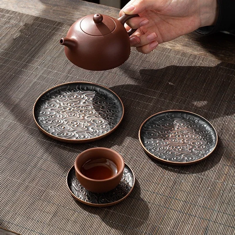Retro Alloy Round Square Coaster Tea Cup Tray Lucky Cloud Pattern Holder Durable Heat Resistant Tea Coffee Cup Mat Pad Placemats