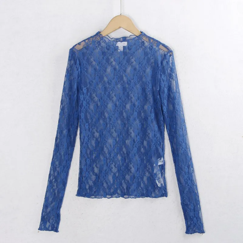 

Spring New Sle Women's Lace Long Sve Elastic irt Slim Fit Pure Color Sexy Lace Patterned Me Top Commute Sle