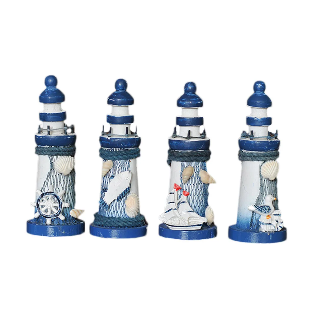 

1pcs Wooden Lighthouse Ornaments Shell Fish Net Decor Nautical Marine Model Handmade Vintage Rubbing Effect Metal Base