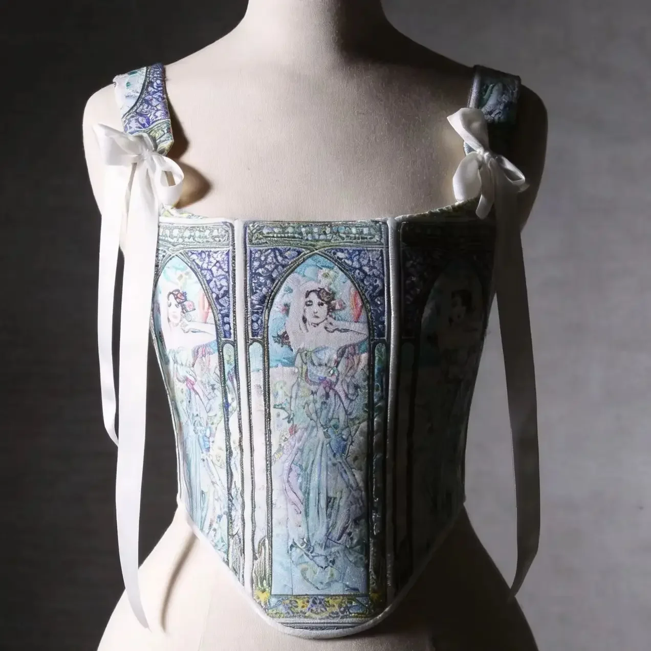 Women Vintage Oil Painting Print Corset Vest Double Layer Lace Up Boned Overbust Bustier Shaping Tops Stage Costume
