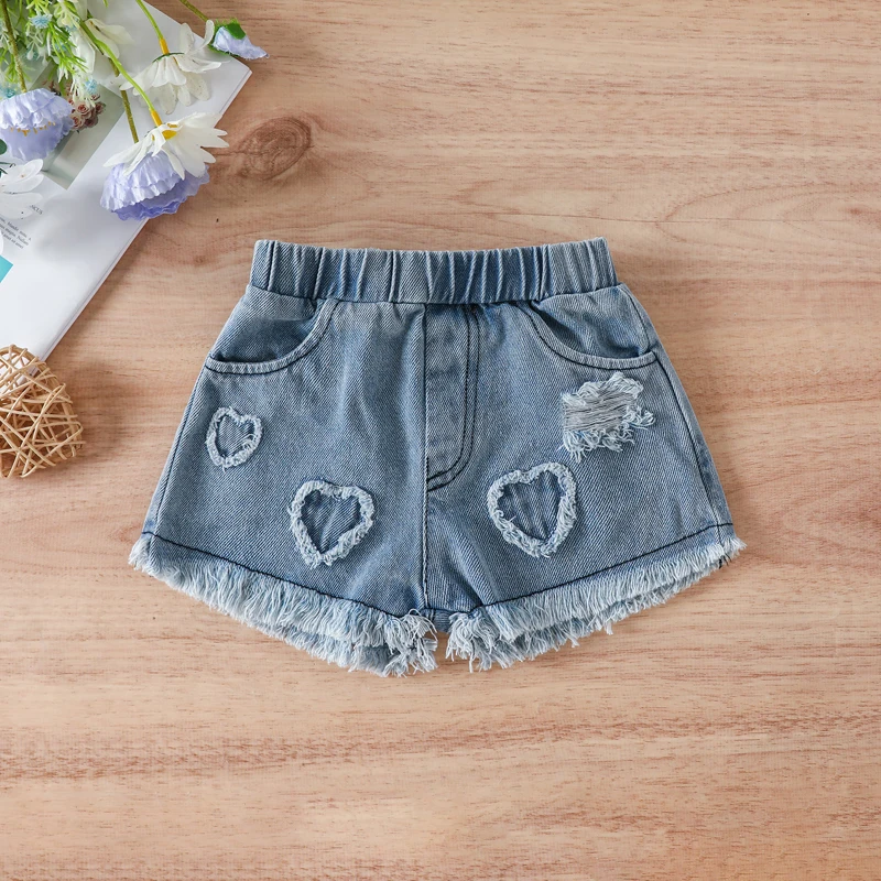 Baby Girls 2-Piece Outfit Sleeveless Heart Camisole and Elastic Ripped Denim Shorts Summer Clothing