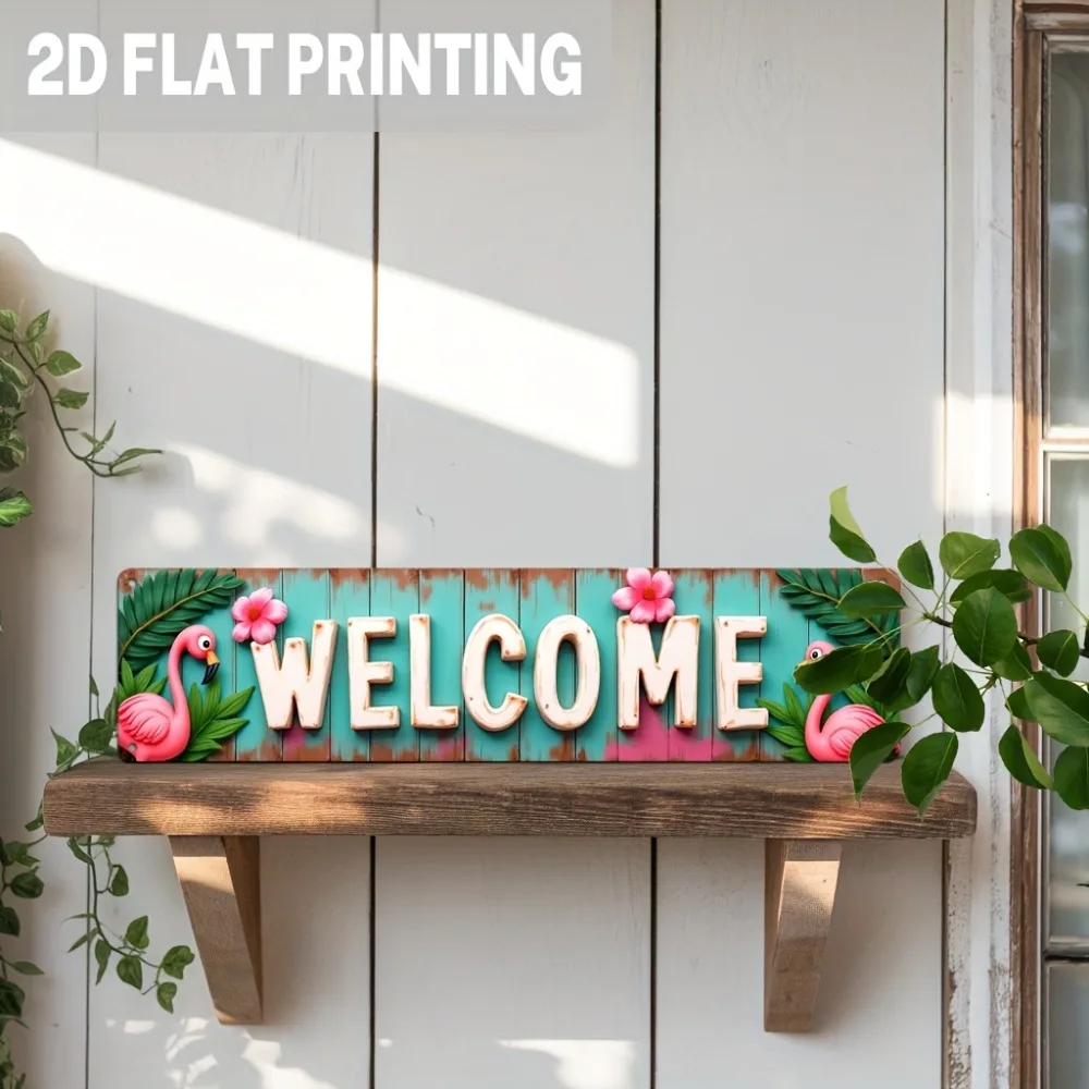 1pc Metal Flamingo Sign - Tropical Rustic 2D Flat Welcome Decor with Pink Flamingos & Green Leaves, for Bedroom Living Room - view 6