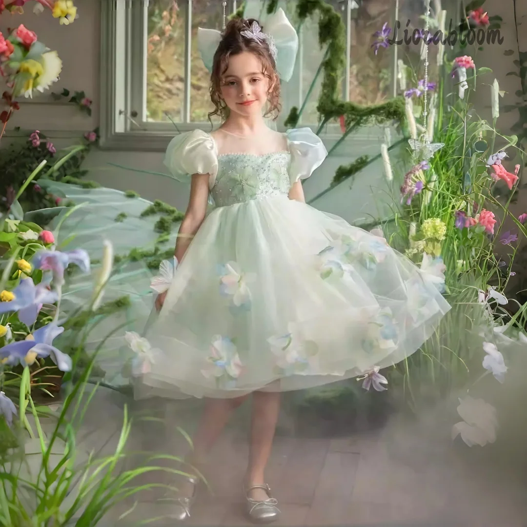 Gaun Putri Hijau Hutan Elegan Kostum Peri untuk Anak Perempuan dengan Tulle Bunga 3D untuk Pesta Ulang Tahun Bertema Pernikahan di Taman
