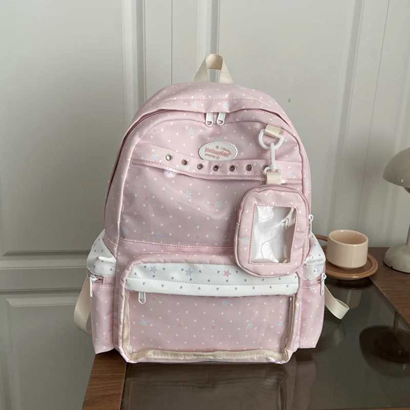 

Women Star Pattern Canvas Backpack Clear Small Pocket Design Multi-Compartment Cute Casual Daily School Travel Shoulder Bag 2026