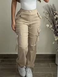 Women's Cargo Pants 2024 Spring Fashion Street Pocket Design Drawstring Cuffed Pants Ladies Daily Casual Plain Long Trousers