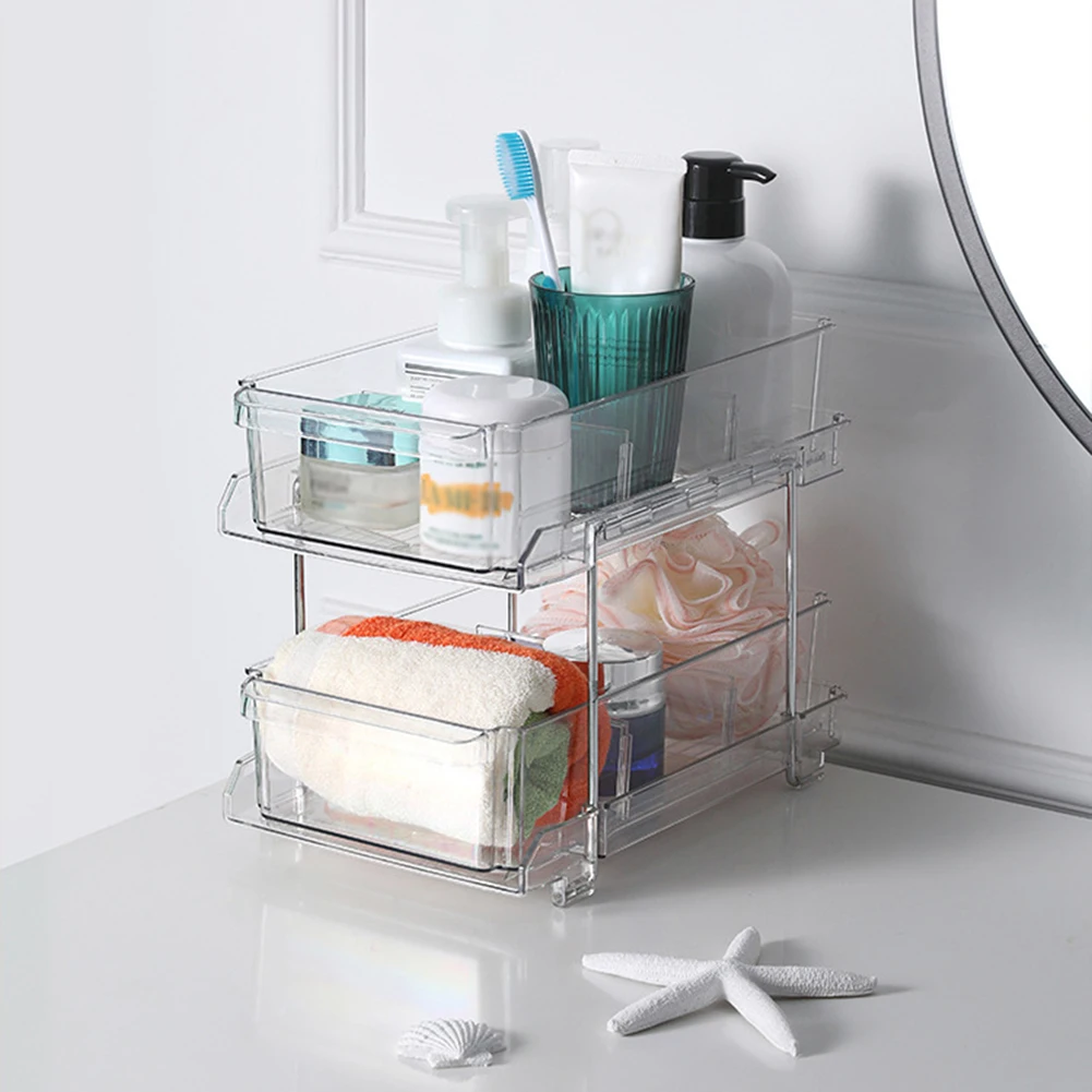 2 Tier Closet Organizer Sliding Cabinet Storage Basket Clear Acrylic Stackable Drawer Bathroom Kitchen Under Sink Organizer Tray