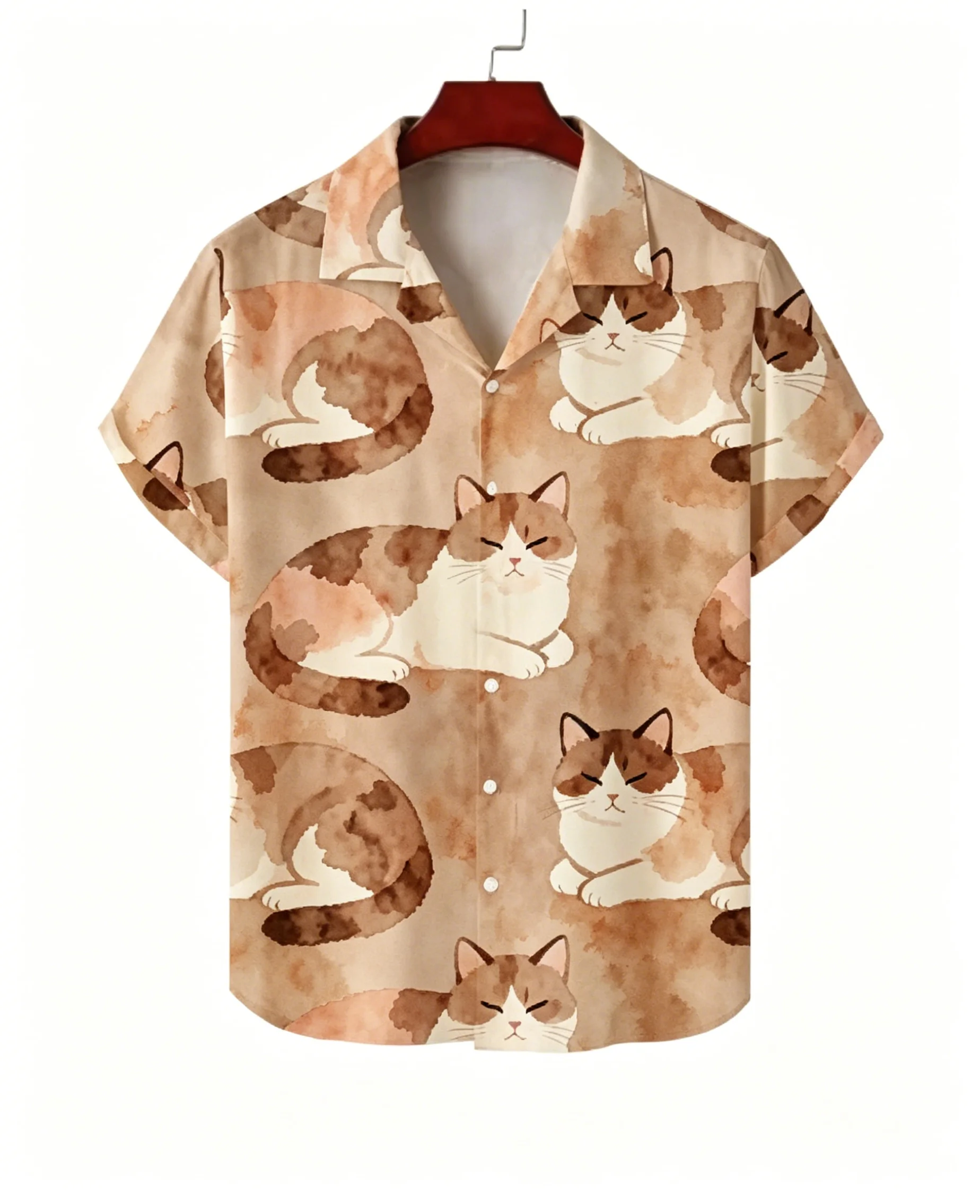 

Men's Spring Summer Lapel Shirt, Light Brown Watercolor Cat Print Casual Tops for Daily Street Vacation Outfit
