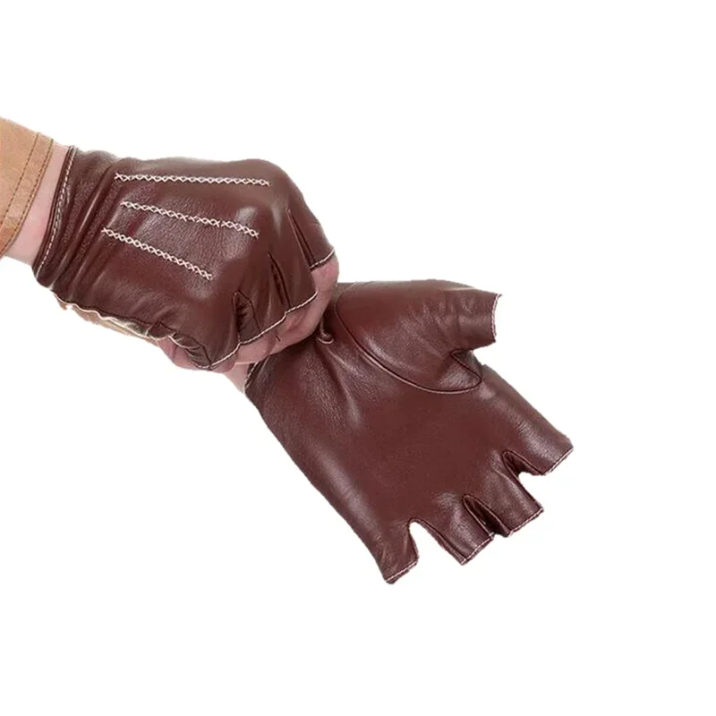 Men And Women Genuine Leather Gloves Sheepskin Leather Fingerless Gloves Black Red Driving Locomotive Gloves