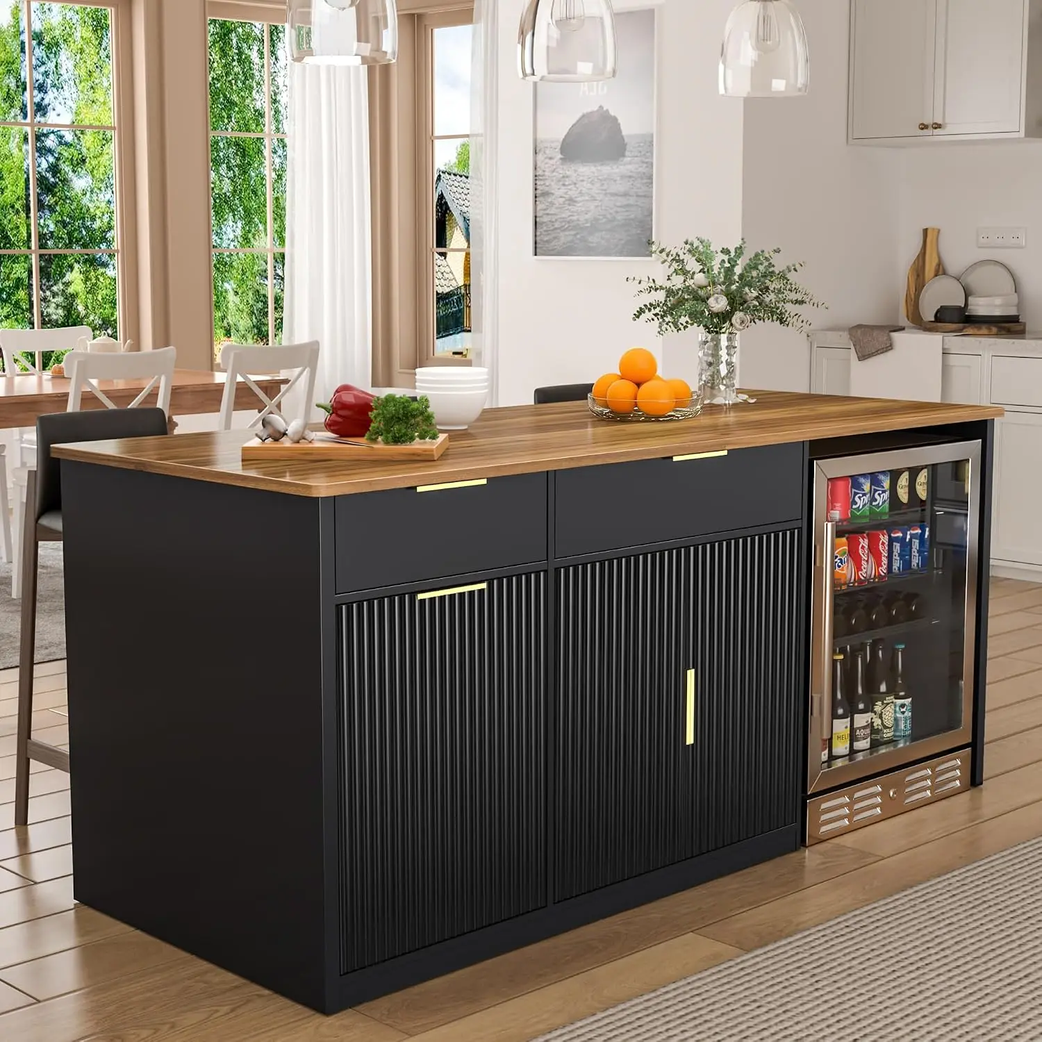 Kitchen Island with Fridge Space, Bar Counter, Trash Cabinet, Drawers, Fluted Doors, Woodgrain Top, 75.6