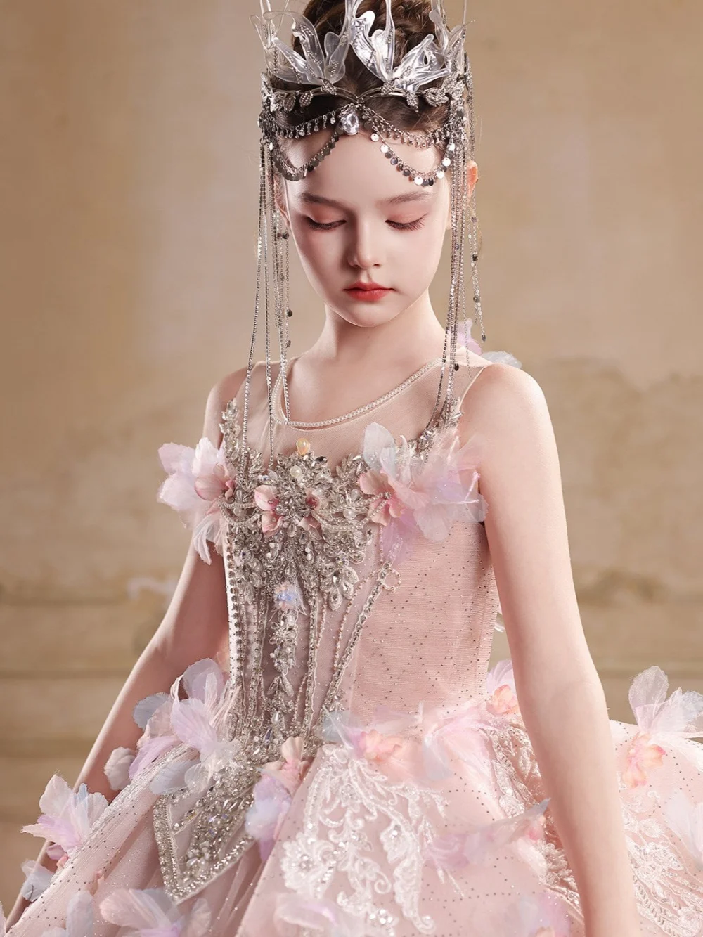 Glamorous Pink Kids Pageant Gown Dazzling Rhinestones Lace Girls Dresses For Birthday Party New 3D Floral Formal Evening Gowns