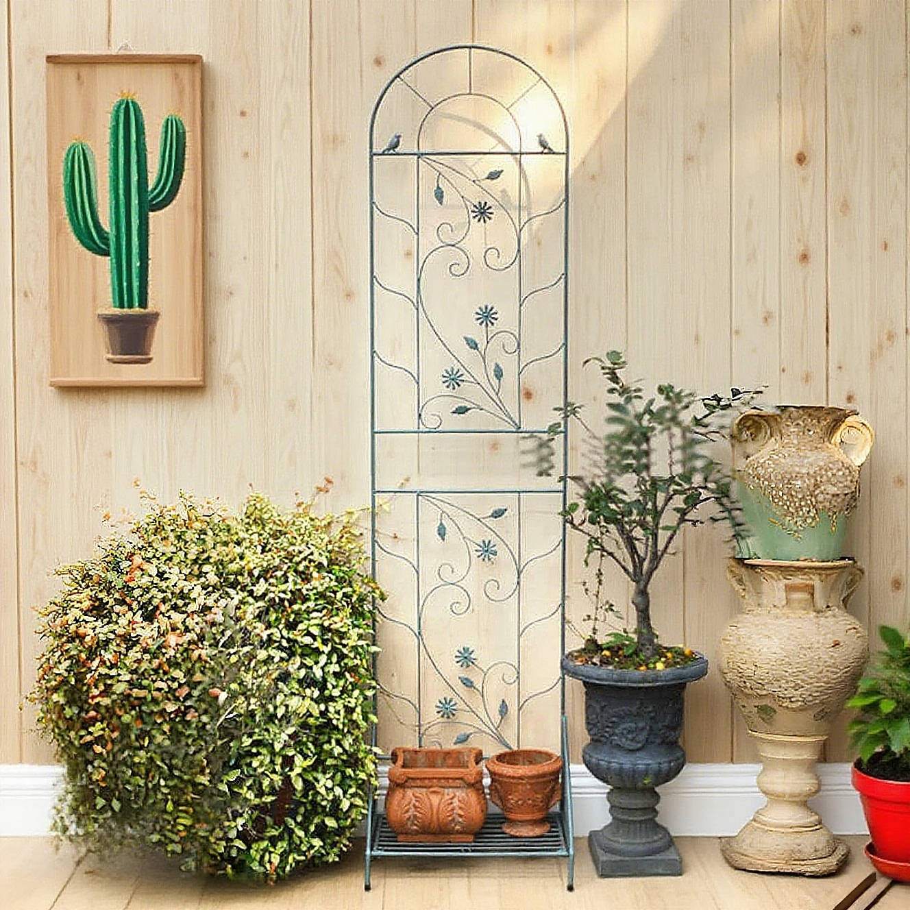 Europäischer Stil Schmiedeeiserner Balkon- und Garten-Pflanzenständer mit Sockel, Geeignet für Kletterpflanzen wie Clematis
