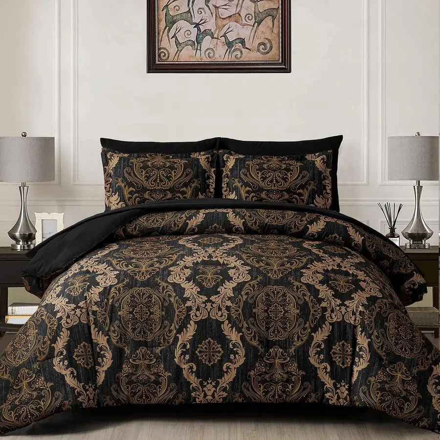 

Black Comforter Set Queen Size, Gold Damask Texture 7 Pieces Bed in a Bag Microfiber Comforter Bedding Sets 1 Comforter, 1 Flat
