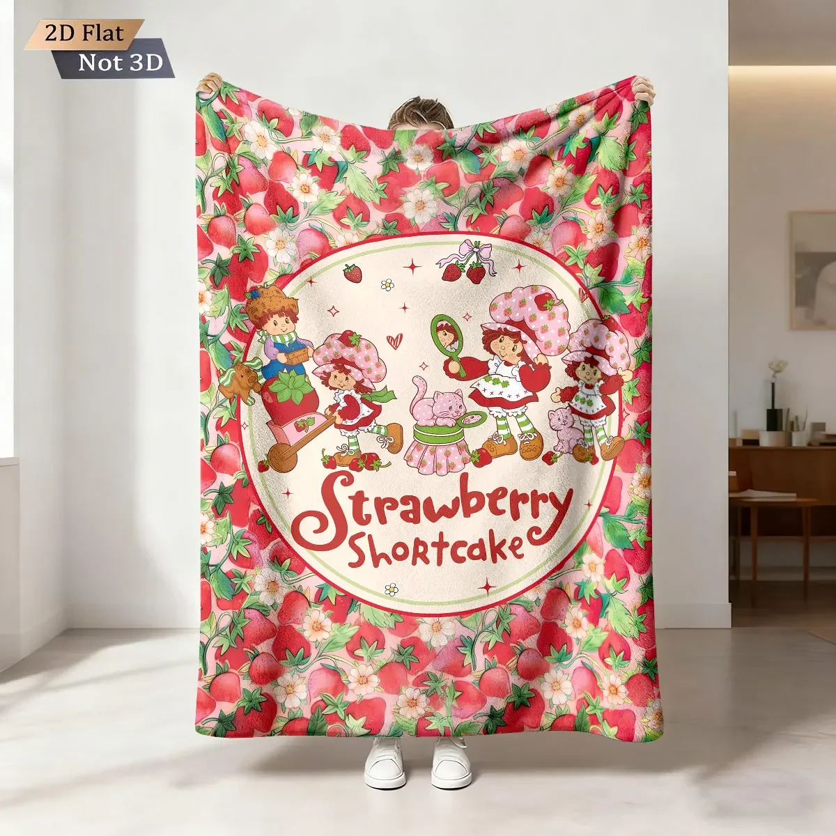 pc Cartoon Pink Strawberry Girl Printed Flannel Blanket in Multiple Sizes Soft and Comfortable Machine Washable