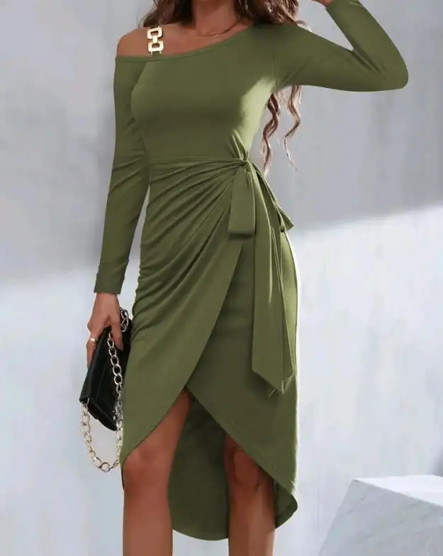 Women\'s Dresses Summer 2023 Fashion Casual Lace-Up Detail Eyelet Sleeveless Dress V-Neck Waist Pleat Irregular Slit Midi Dress