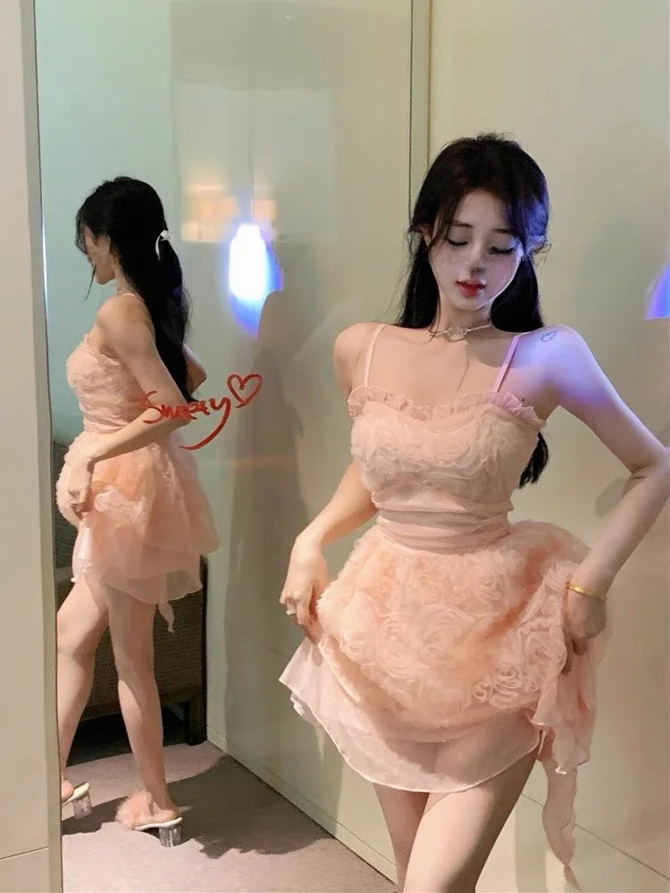 Letnia Nowa Delikatna Koronkowa Wstawka Kolorowa Blokada Ramiączka Dr Damska Spódnica w Linii A Poliester Bez Szelek Okrągły Dekolt