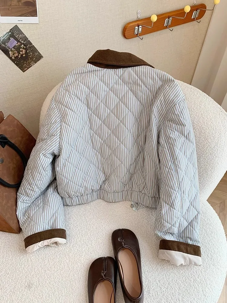 

Vintage Contrast Color Splicing Collar Cotton Jaet Loose Casual Women's Faion 2024 Autumn Winter Comfortable Zipper Closu...