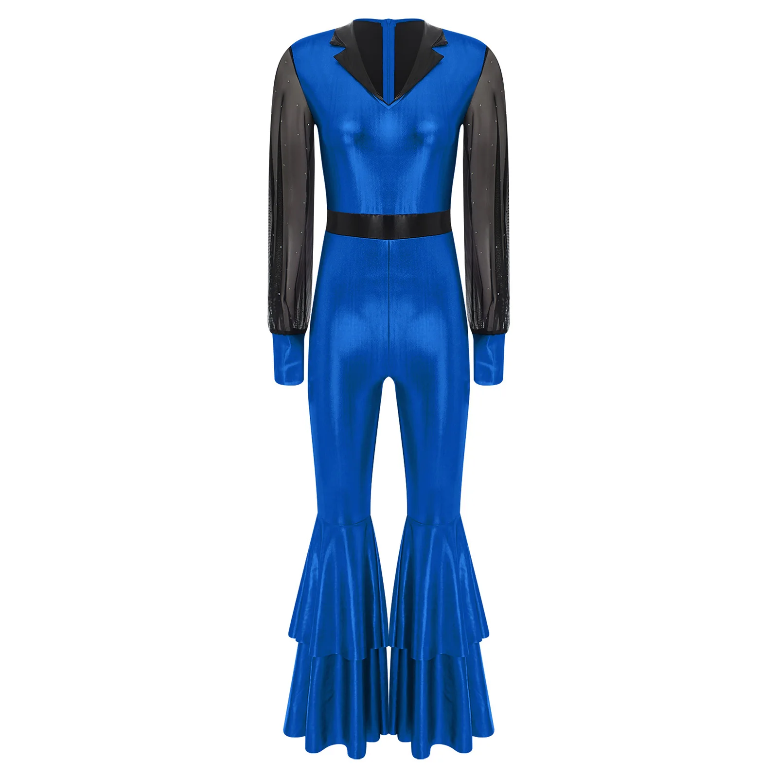 สตรี 70s 80s Disco Rompers เงาตาข่ายฉัตรกระดิ่งด้านล่าง Flared ยาวกางเกงเมทัลลิคเงาคลาสสิก Hippie Vintage Jumpsuit
