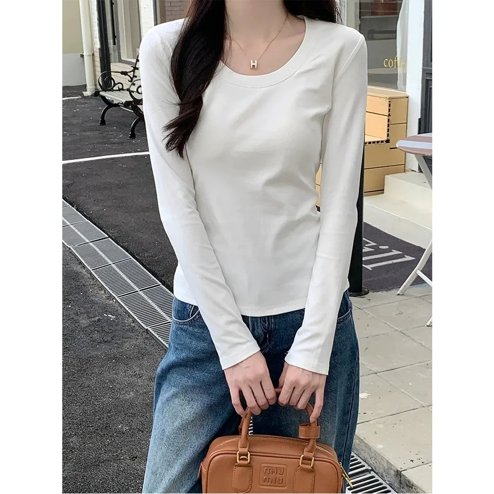 40pcs Cotton Long Sleeve T-Shirt New Style Round Neck Slimming Top Solid Color Ins Casual Wear Spanx Material Regular Sleeve