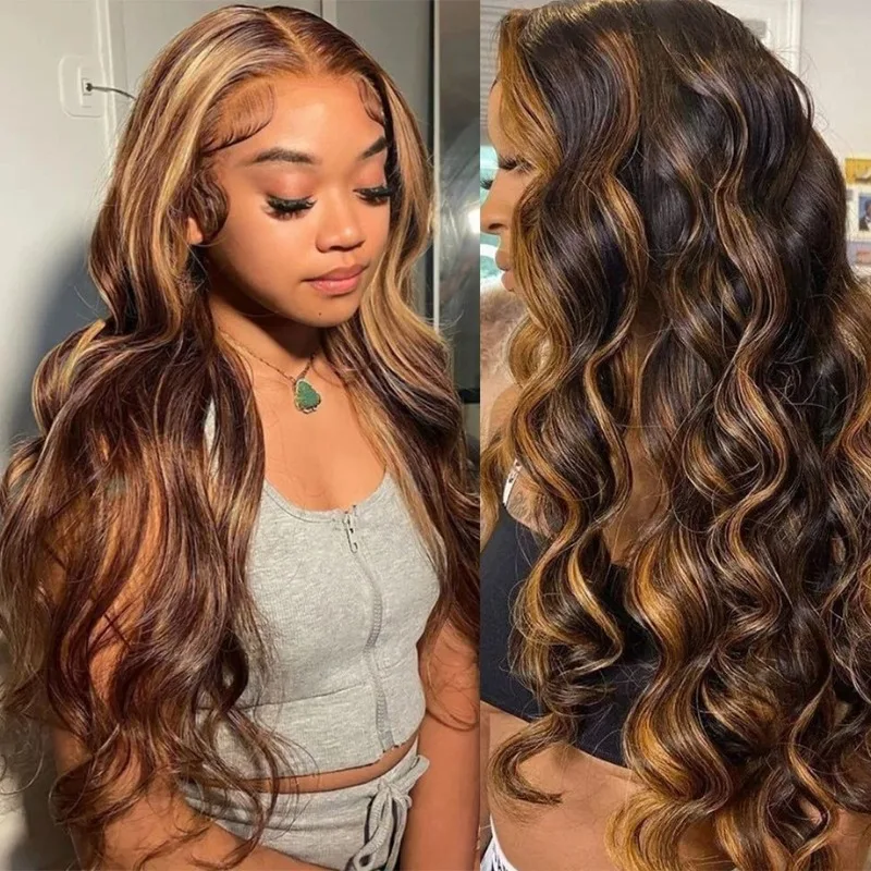 

4/ 27 Highlight Ombre 13x4 Transparent Lace Frontal Human Hair Wigs For Women Pre Plucked Body Wave Lace Front Wigs 200% Densit