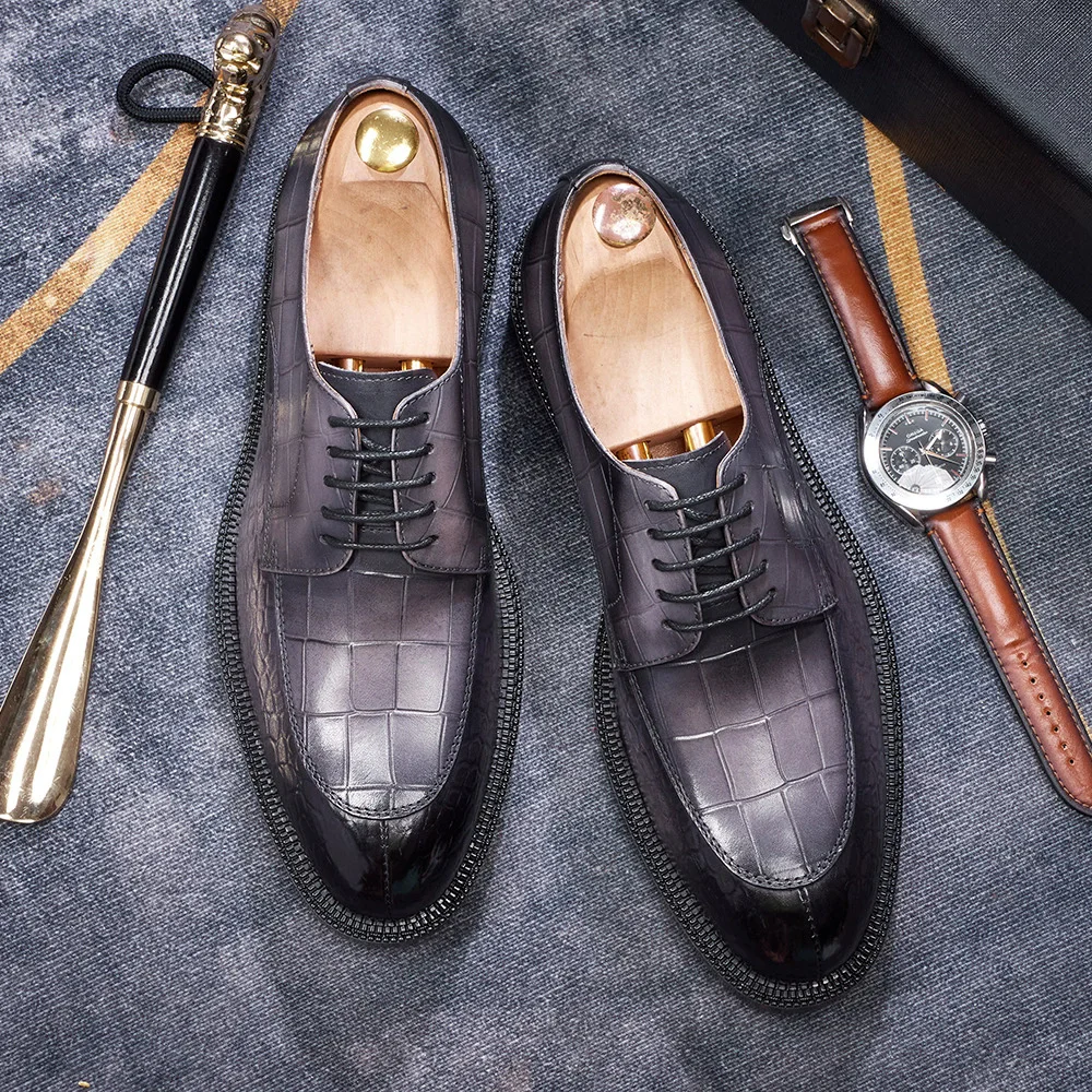 Men's Leather Shoes British Style Black Genuine Cowhide Crocodile Pattern Formal Derby Shoes Thick Sole Height Increase Shoes view 3