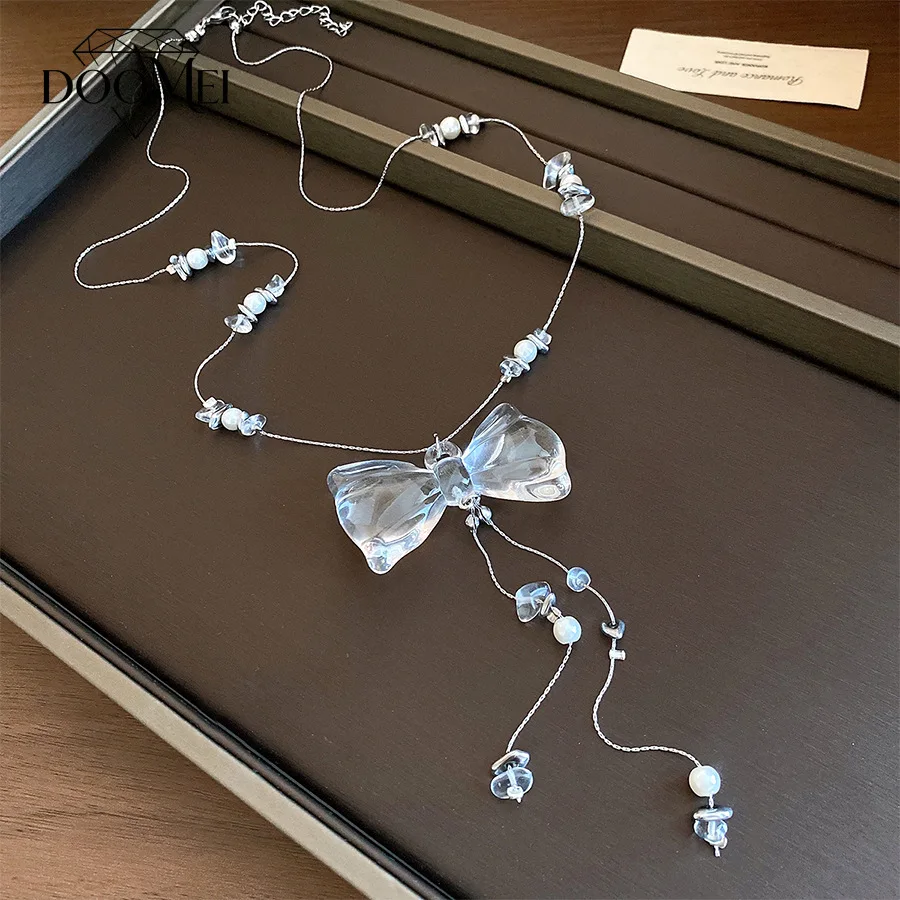 DOO MEI Y2K Black Bow Pendant Lariat Necklace for  Beaded Chain Aesthetic Sweet Cool Long Necklace Daily Street Dating Jewelry